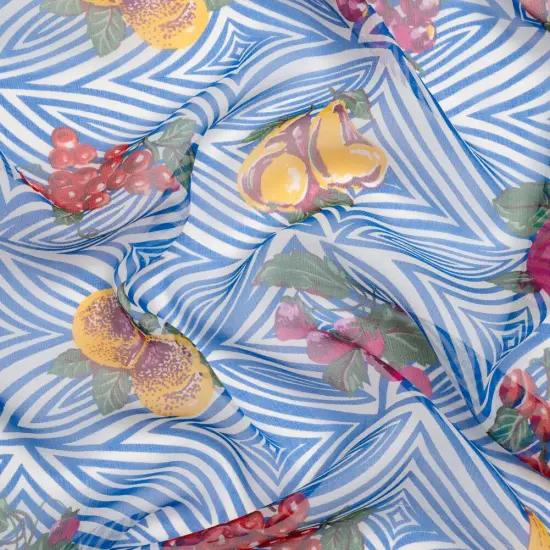 1 Yard Blue, White & Green Op Art Fruits Abstract Pattern Silk Chiffon, 54 Inches Wide {1}