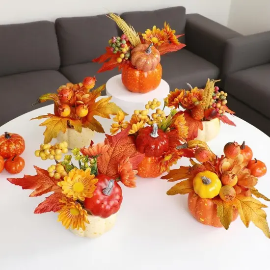 Set of 6 Artificial Pumpkins with Maple & Flowers Table Decor {2}