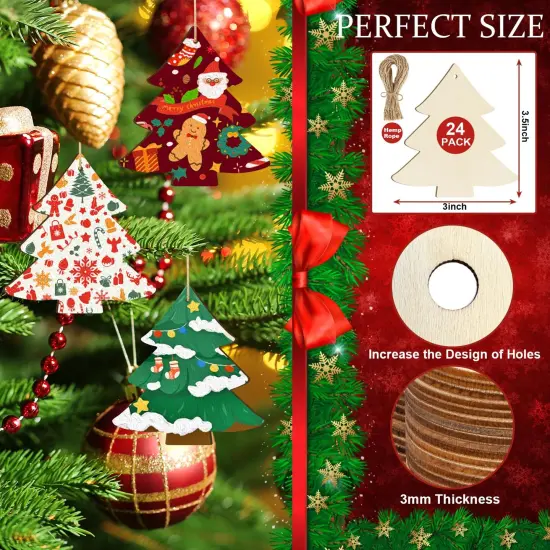 Wooden Christmas Tree Ornaments to Paint Christmas Thanksgiving Decoration Cutouts Unfinished 24PCS 3.5 x 3 inches, DIY Blank Unfinished Christmas Tree Wood Discs Ornament for Home Crafts Hanging {2}