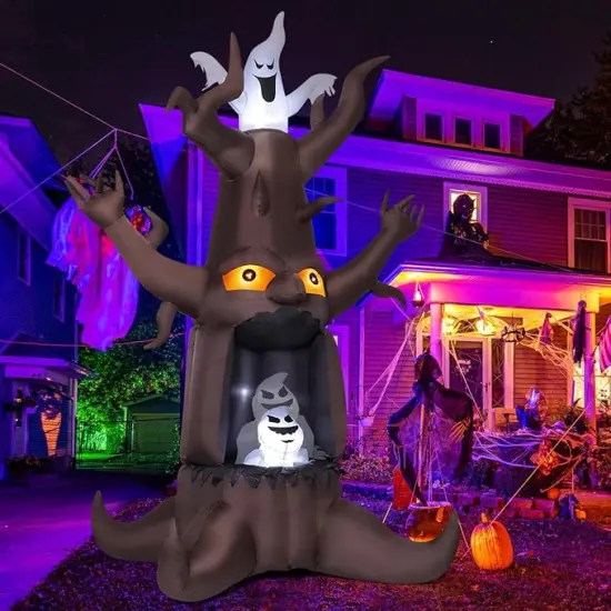GOOSH 9 FT Halloween Inflatable Animated Dead Tree Blow Up Yard Scary Tree and White Ghost with Built-in LEDs (Tree Ghost) {2}