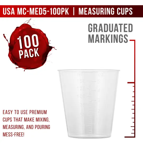 5 Oz (150 ml) Liquid Measuring Cups - Plastic Graduated Cup (100 Pack) with 25 Sticks - Reusable Mixing Cups for Paint, Craft, Kitchen, Lab, Medical Supplies, Epoxy Resin, Art {2}