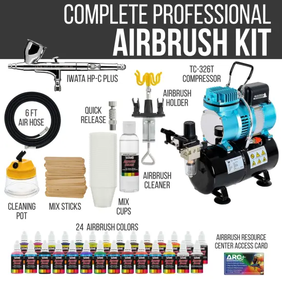 Iwata High Performance Plus HP-C Plus Airbrush Kit with Cool Runner II Dual Fan Air Tank Compressor, 24 Color Airbrush Paint Set and Accessories Set {2}