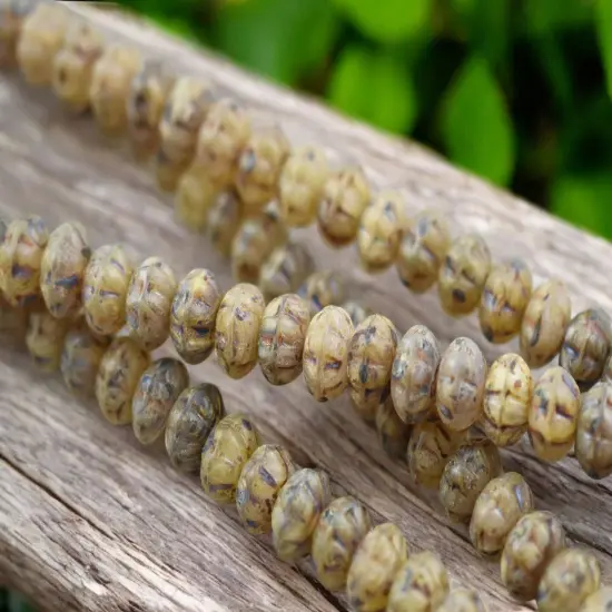 5x8mm Rustic Matte Champagne Beige Picasso Ribbed Rondelle Beads - 8" Strand {1}