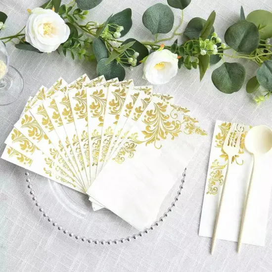 50 White Gold Dinner Paper Napkins Floral Print Party Events Decorations {3}
