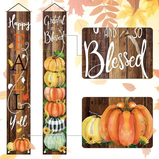 Happy Fall Y'all Porch Sign Grateful Autumn Pumpkin Hanging Banner {3}