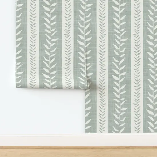 Peel & Stick Wallpaper 2FT Wide Large Stripe Green Stripes Tropical Sage Faux Linen Custom Removable Wallpaper by Spoonflower {2}