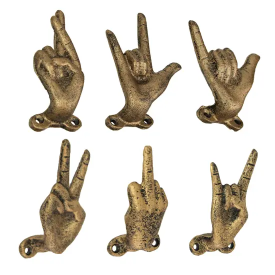 Set of 6 Cast Iron Hand Gesture Hooks Vintage Finish Hangers {2}
