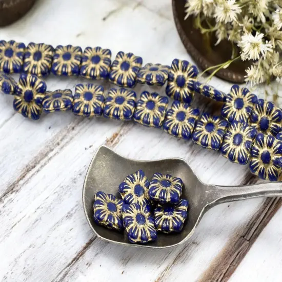 *13* 11mm Gold Washed Opaque Cobalt Square Zinnia Flower Beads {3}