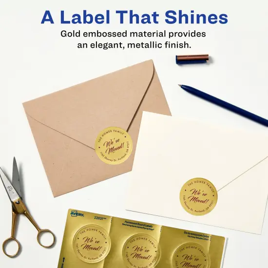 Avery Printable Embossed Foil Round Labels, 2" Diameter, Gold, 96 Customizable Labels (22831) {2}