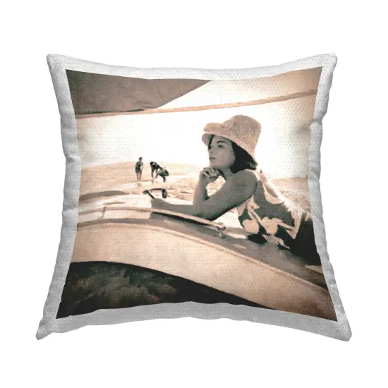Vintage Girl on Beach Design by GraffiTee Studios Outdoor Printed Pillow  {1}