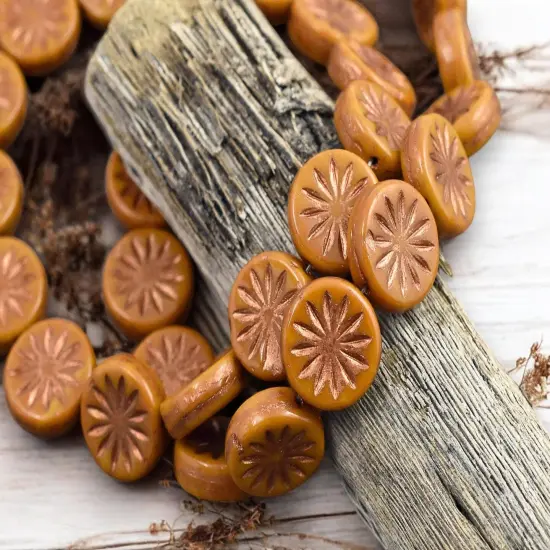 *15* 12mm Copper Washed Opaque Orange MustardAster Flower Coin Beads {4}
