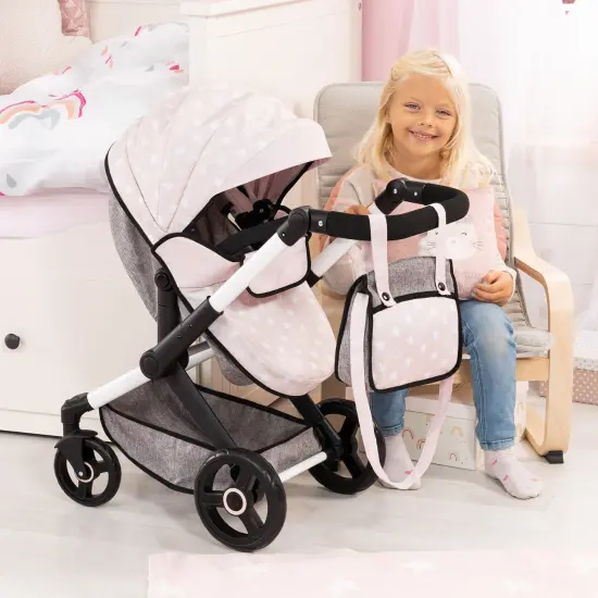 Bayer: Pram Xeo - Gray & White Stars - Accessory for Dolls Up to 18", Shoulder Bag, Convertible to Pushchair, Foldable, Kids Toy, Ages 3+ {7}