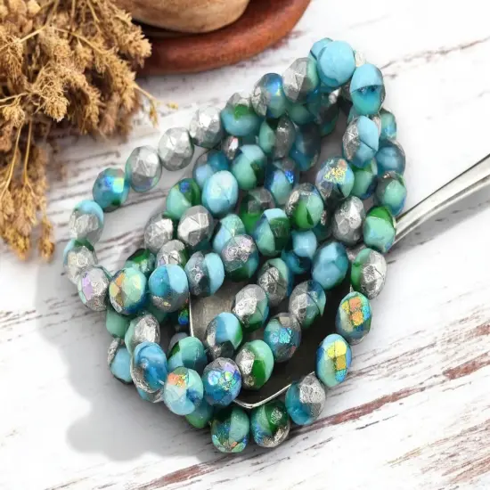 *20* 8mm Etched Silver AB Washed Blended Pacific Blue Turquoise Fire Polished Round Beads {2}