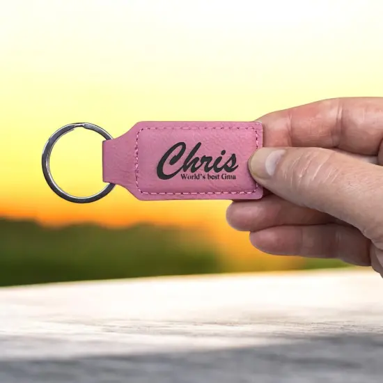 Keychain - Rectangle - PERSONALIZED - Leather Pink/Black {6}
