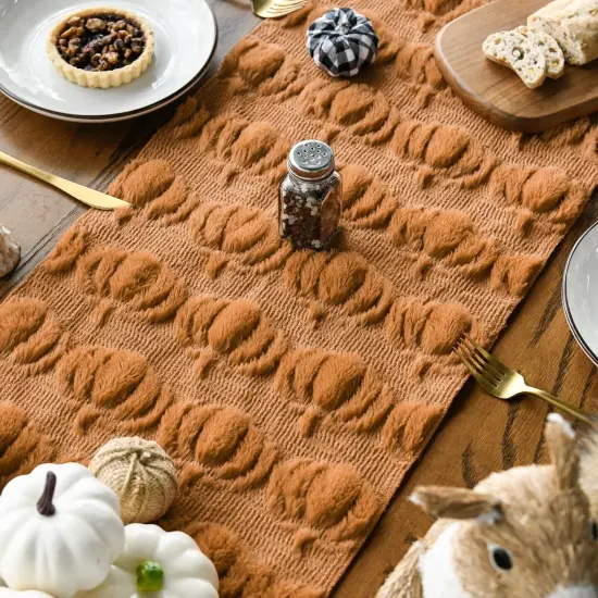 Caramel Soft Plush Faux Fur Jacquard Pumpkins Fall Table Runner,13x72 Inch {4}