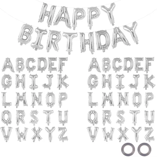 65 Pcs Silver Happy Birthday Balloons and 2 Sets A-Z Letters Foil Balloons (Silver) {1}