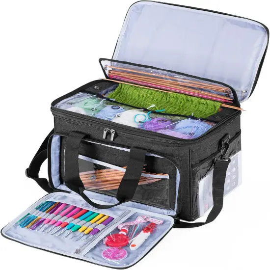 Knitting Bag Yarn Organizer with Cover & Divider &ndash; Black Tote for Crochet Hooks, Needles & Projects {3}