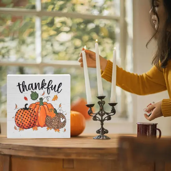 Fall Decorations for Home Office, Rustic Thankful Pumpkin Wood6 x 6 Inches {4}