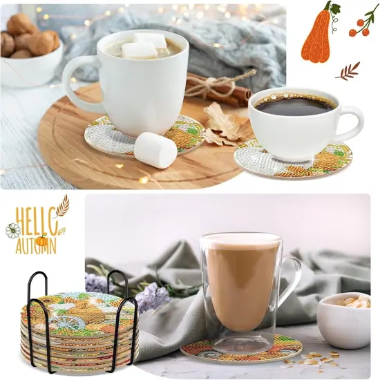 8 Pcs Fall Pumpkin Diamond Painting Coasters Kit for Beginners {5}