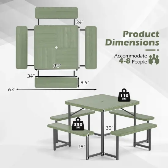 Costway Picnic Table Bench Set for 4-8 People with Umbrella Hole All-Weather HDPE Tabletop Black/Gray/Green/White {3}