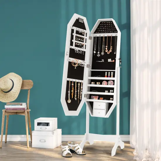 Costway Standing Jewelry Cabinet Armoire Organizer LED Light Mirror Lockable White {2}