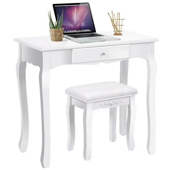 Costway White Vanity Wood Makeup Dressing Table Stool 3 Drawer {5}
