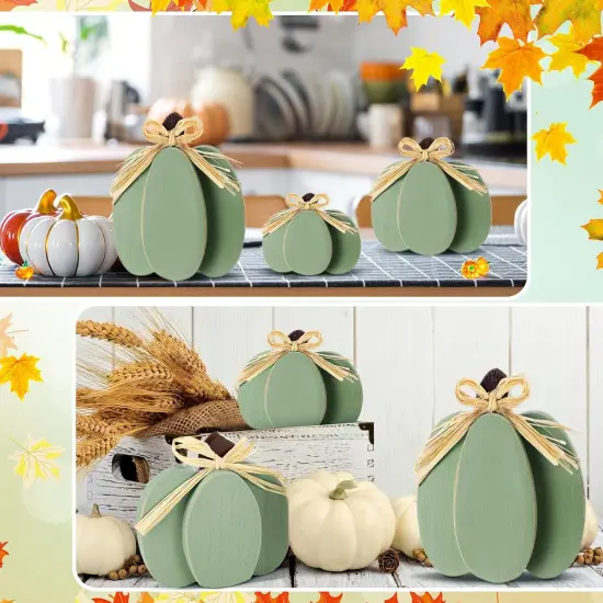 3 Pcs Fall Pumpkin Decor Fall Wooden Signs 3D Pumpkin Tabletop Decor (Green Color) {4}