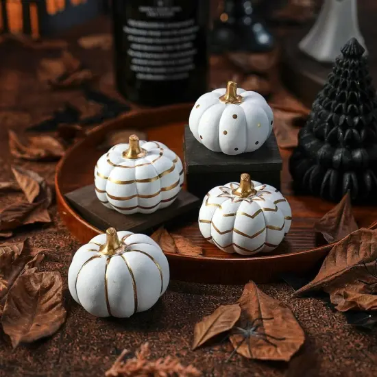 4Pcs White and Gold Halloween Pumpkin Decor, Modern White Pumpkins {2}