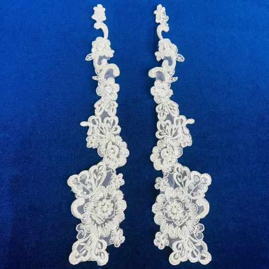 1 Pair 12" x 3" Each Side Beaded & Corded Floral Lace Applique 100% Polyester Organza Ivory {2}