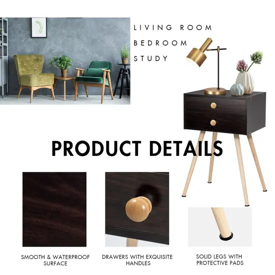 Costway 2 PCS Mid Century Modern 2 Drawers Nightstand Sofa Side Table End Table Espresso {6}