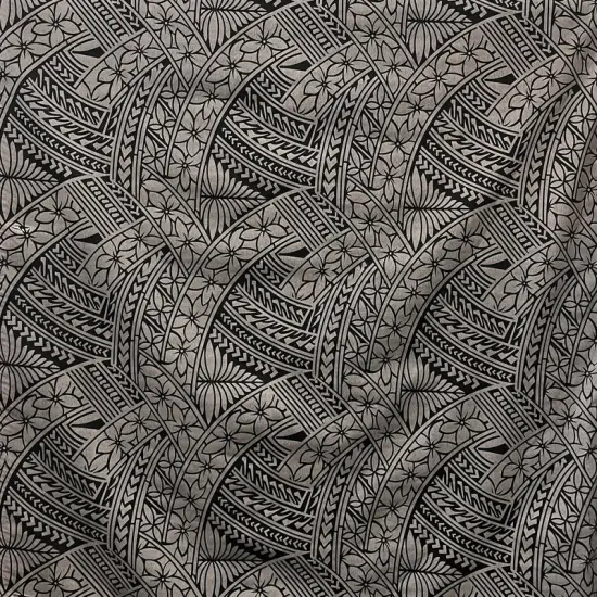 1 Yard Hibiscus Traditional Polynesian Tattoo Poly Cotton Fabric Tropical Print 45 Inch Width Black {1}