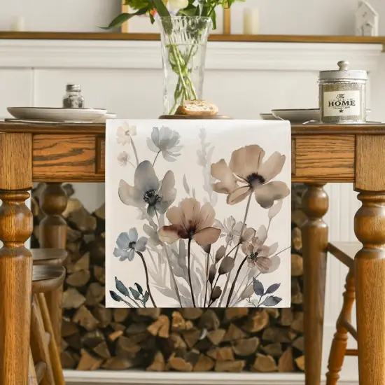 Brown Poppy Floral Leaves Fall Table Runner {3}