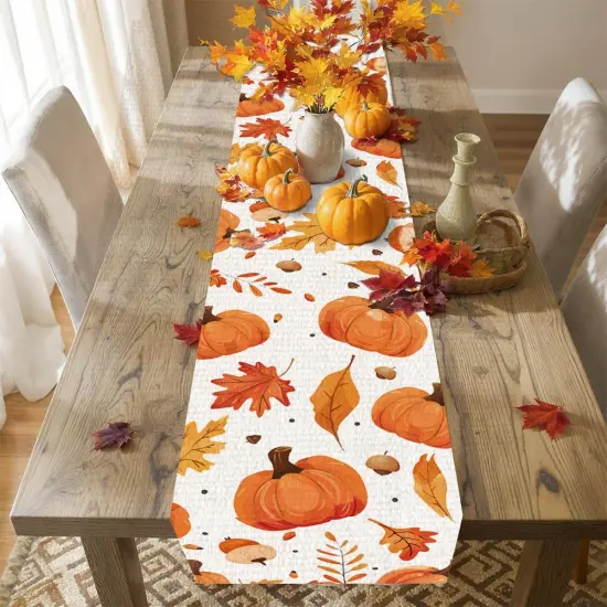 Fall Orange Pumpkin Maple Leaves Table Runner {5}