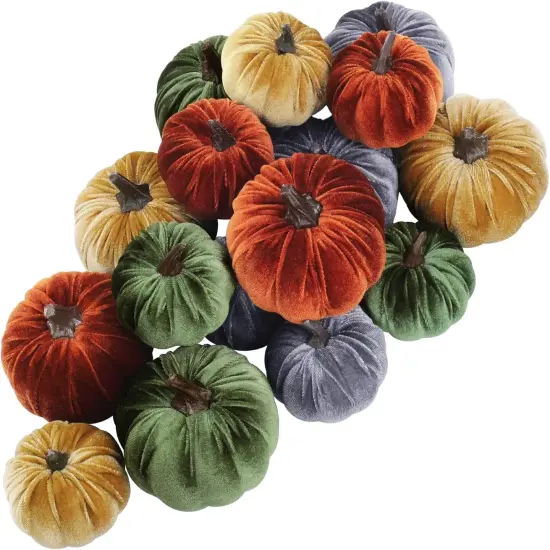 16 Pcs Assorted Small Faux Rustic Harvest Velvet Pumpkins {1}