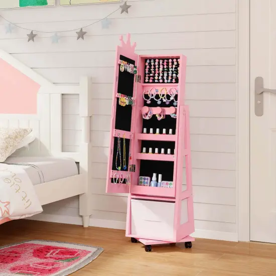 Costway Kids Jewelry Cabinet with Full-Length Mirror Foldable Drawer Anti-toppling System White/Pink {1}