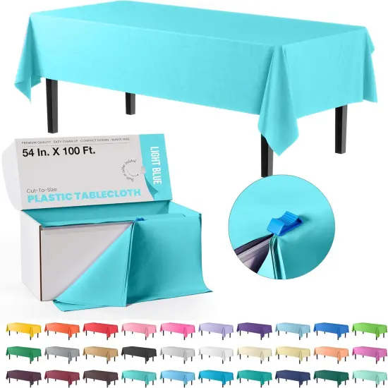 Exquisite Party Solids 54" x 100' Plastic Table Cover Roll with Slide Cutter &ndash; Cut-to-Size Dispenser Box &ndash; Makes Up to 36 Disposable 8' Rectangle Tablecloths Light Blue {1}
