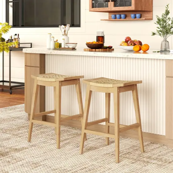 Costway 1/2/4 PCS 29" Teak Wood Bar Stool with Footrest & Saddle Seat Boho Bar Height Stool {2}