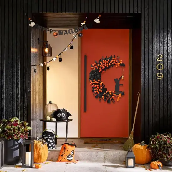 Black Cat Moon Door Decor with Lights - Halloween Wreath {3}