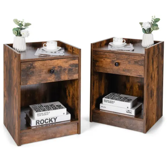 Costway Set of 2 Nightstand with Drawer Cabinet End Side Table Raised Top {7}