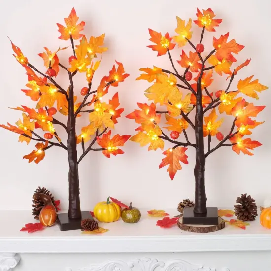 2 Pack 24 Inch Prelit Fall Maple Tree Decor with 48 LED Timer {4}