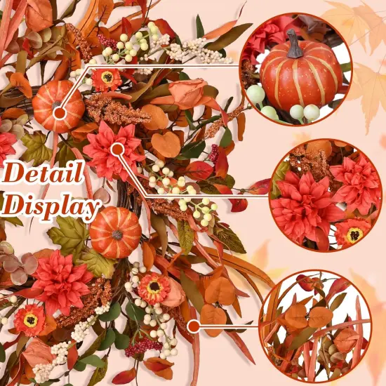 24" Pumpkin Fall Wreath with Colorful Mixed Leaves {3}