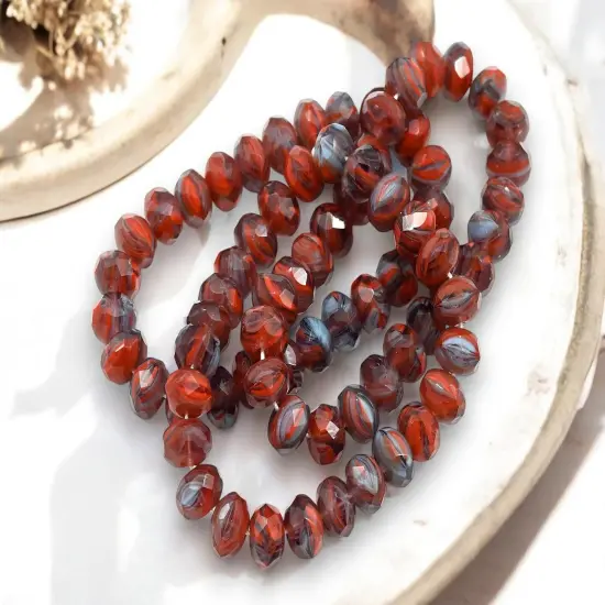 *25* 6x9mm Blended Burnt Orange + Denim Blue Fire Polished Rondelle Beads {3}