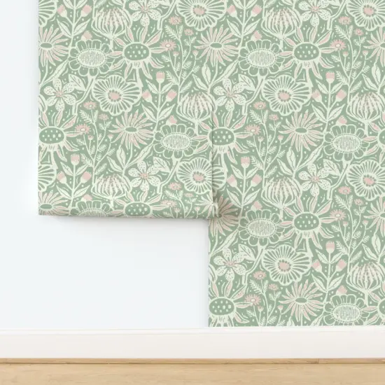 Non-Pasted Wallpaper 2FT Wide Green Floral Pink Botanical Summer Scandinavian Block Print Farmhouse Cottagecore Wildflowers Traditional Wallpaper by Spoonflower {2}