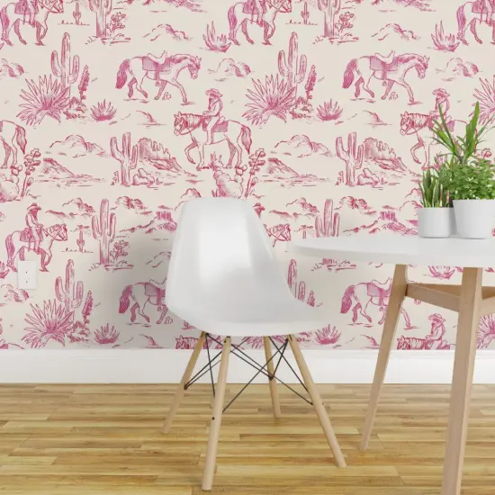 Pre-Pasted Wallpaper 2FT Wide Western Landscape Cowboy Cactus Scenic Toile Custom Pre-pasted Wallpaper by Spoonflower {1}
