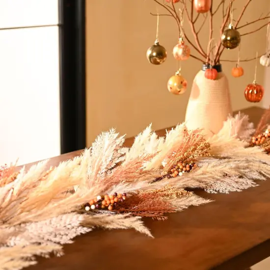 Fall Garland with Lights, 6ft Artificial Faux Pampass Grass {2}