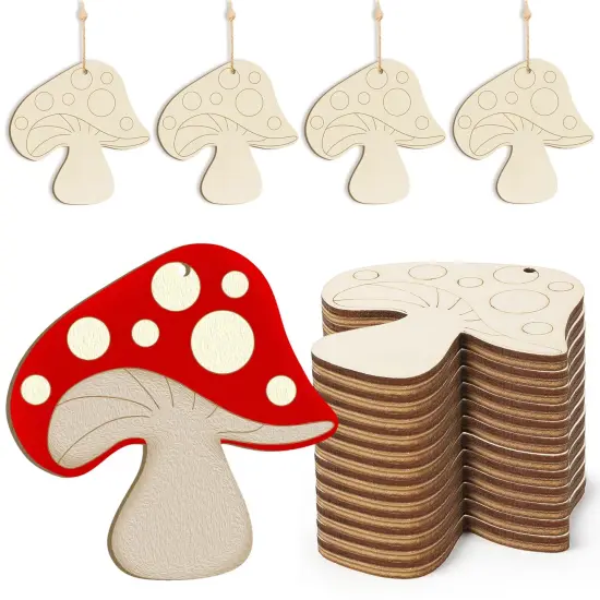 Wooden Spring Ornaments to Paint Mushroom Decoration Cutouts Unfinished 24PCS 3.5 x 3 inches, DIY Blank Unfinished Mushroom Wood Discs Ornament for Home Crafts Hanging Decoration {1}