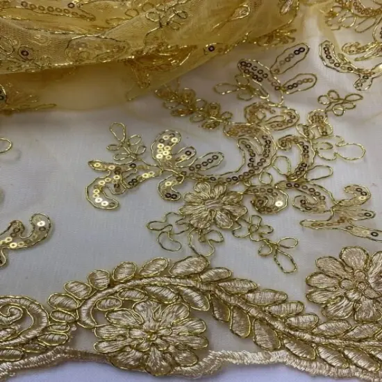1 Yard Gold Corded Sequin Lace Mesh Fabric with Scalloped Edge 54&rdquo; Wide {5}