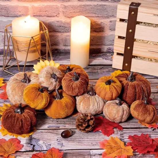 12Pcs Fall Artificial Pumpkins 3 Sizes Fake Velvet Pumpkin {4}