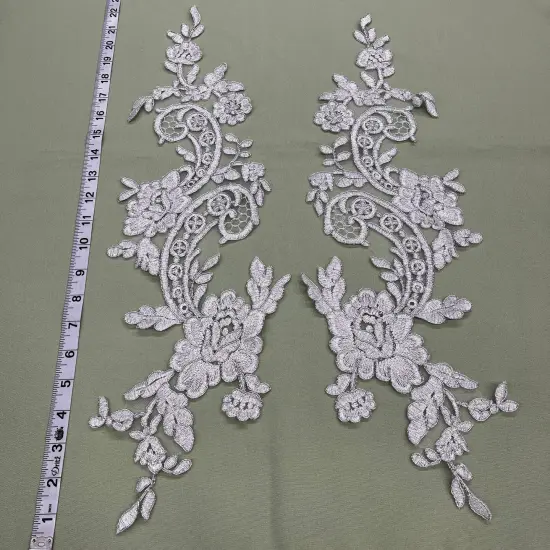 1 Pair Corded Floral Lace Applique 100% Polyester Net Mesh 22" x 5" Per Side Ivory {3}