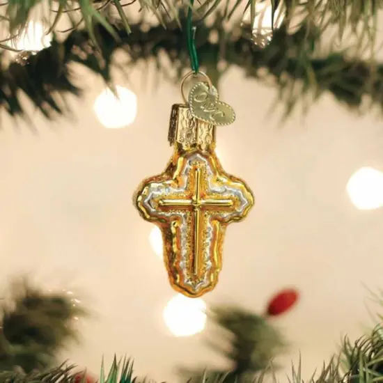 Old World Christmas 2.0 Inch Mini Cross Christmas Tree Ornament , Ornament Religious Green Hook Gold {3}